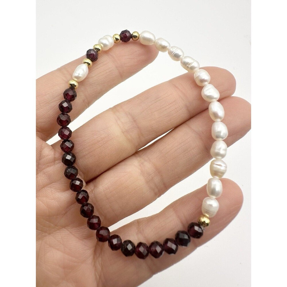 Natural Faceted Garnet Freshwater Pearl Bracelet Elastic Stretchy